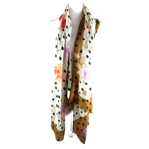 Black Cream Orange Flower Scarf Rectangle 66" X 22" Spring Elegant - Picture 3 of 5